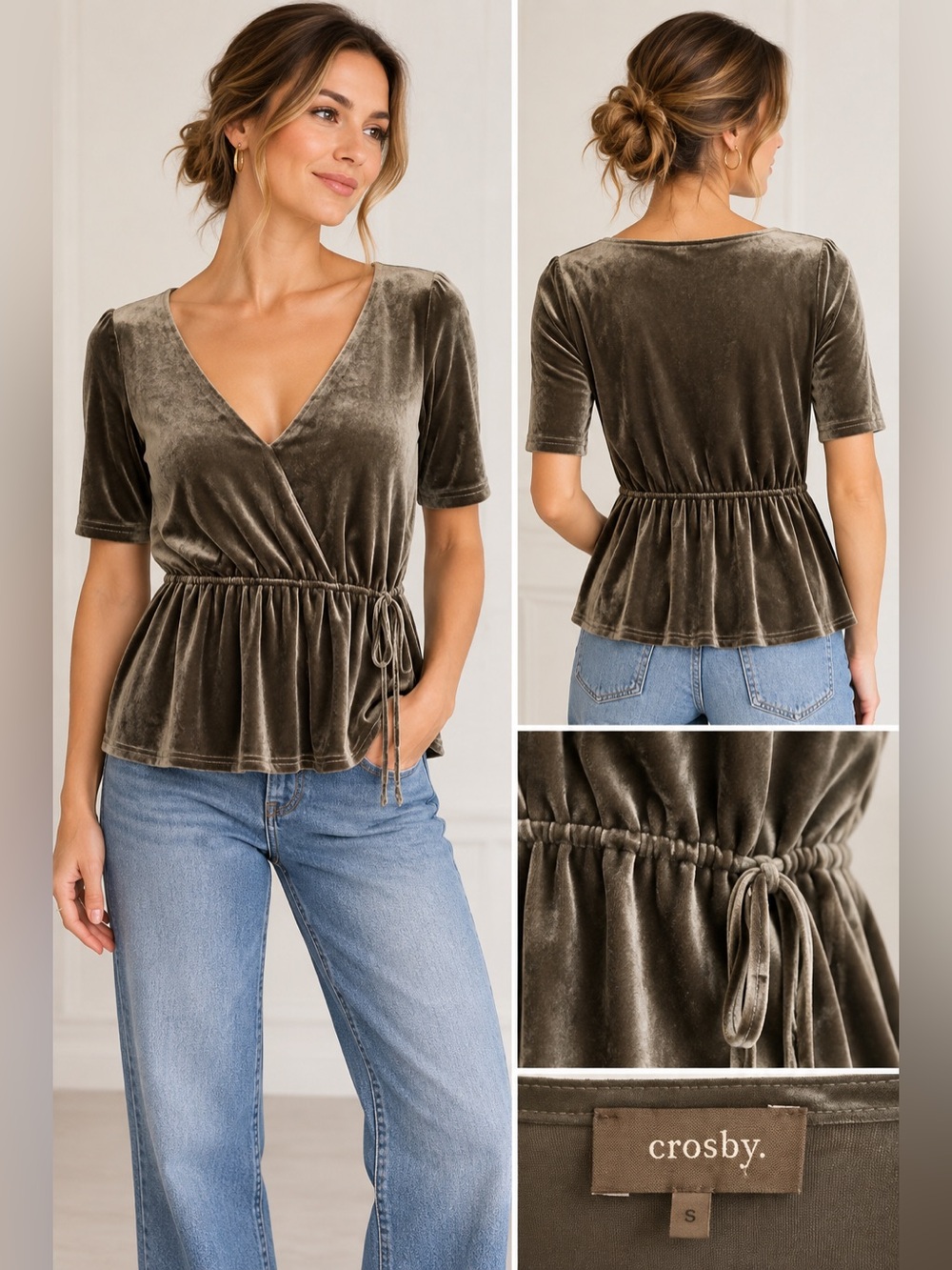Crosby Olive Taupe Velvet Wrap Peplum Top Size Small